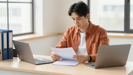 Responsable d'organisme de formation préparant sereinement son dossier d'audit de surveillance Qualiopi à son bureau