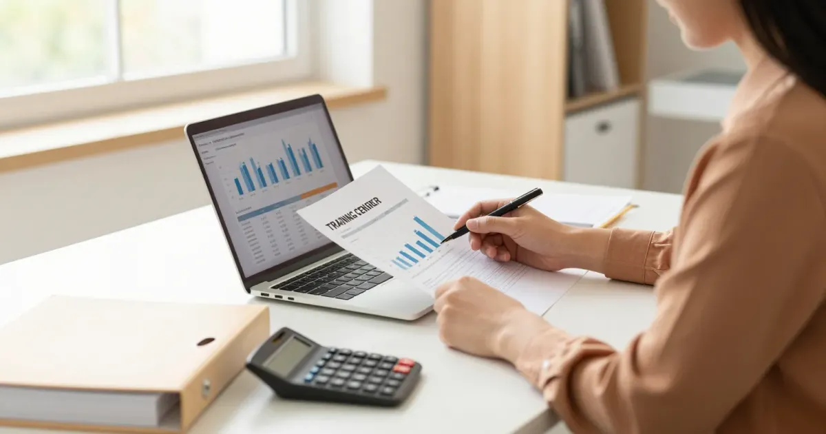 Responsable d'organisme de formation remplit son bilan pédagogique et financier, dossiers et calculatrice posés sur le bureau