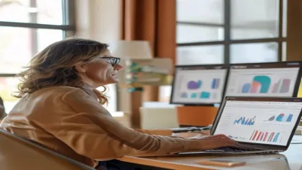 Une dirigeante d'organisme de formation pilote ses indicateurs qualité et financements sur son ordinateur, dans un bureau aux tons chauds