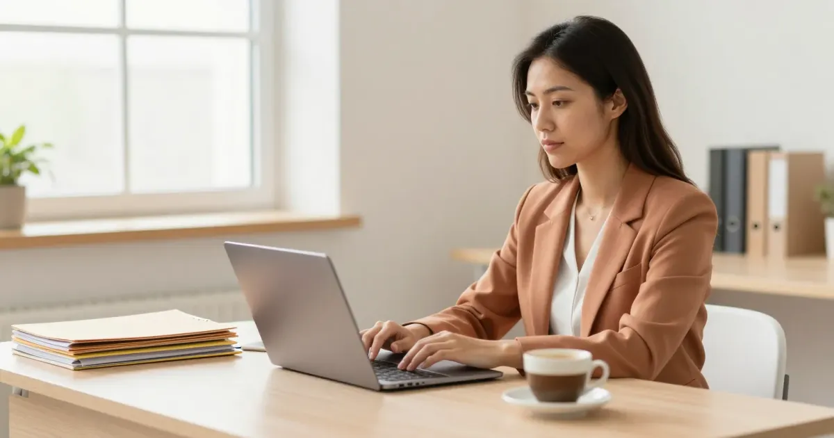 Une responsable d'organisme de formation édite un certificat de réalisation sur son ordinateur dans un bureau lumineux