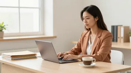 Une responsable d'organisme de formation édite un certificat de réalisation sur son ordinateur dans un bureau lumineux