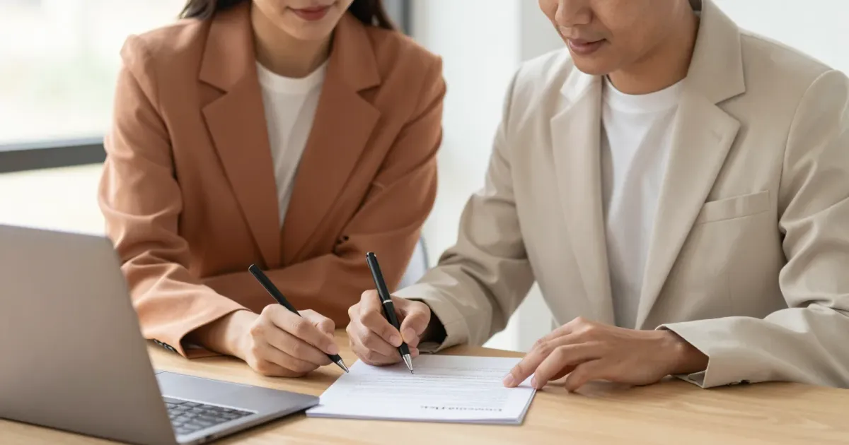 Deux professionnels relisent et signent ensemble une convention de formation sur un bureau lumineux