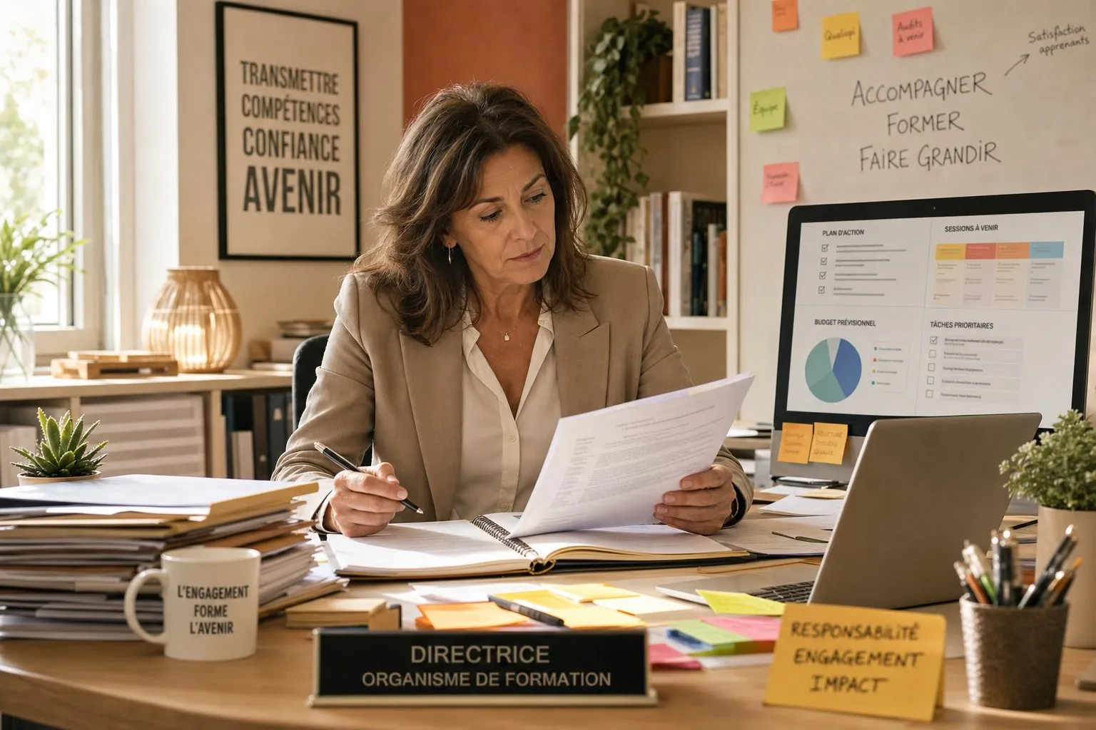 Directrice d'organisme de formation submergée par les dossiers, les relances et l'administratif à son bureau
