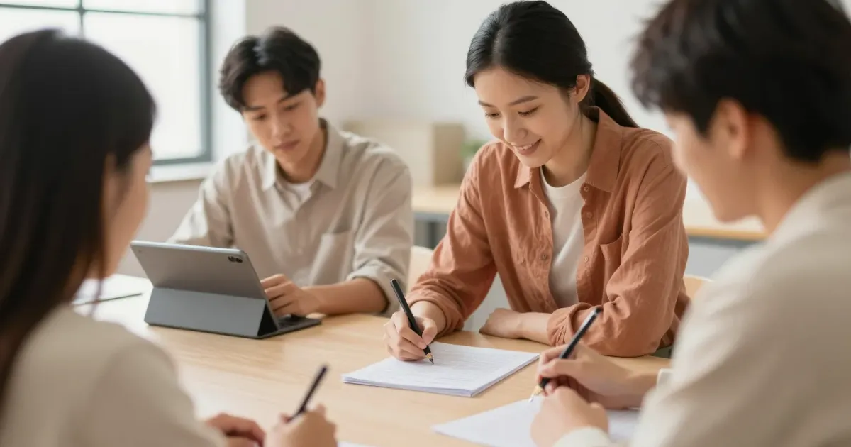 Apprenants signant une feuille d'émargement lors d'une session de formation dans une salle lumineuse