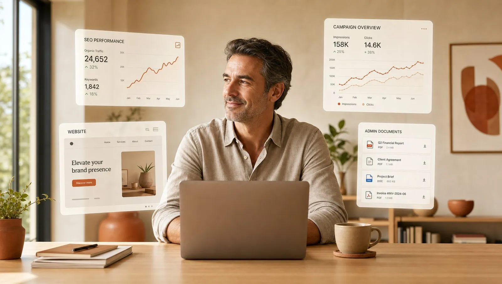 Dirigeant d'organisme de formation serein à son bureau, épaulé par une équipe d'agents IA qui pilotent son SEO, sa publicité, son site et son administratif