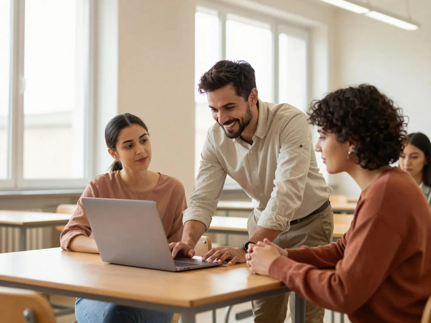 Un formateur accompagne deux apprenants autour d'un ordinateur portable dans une salle de formation lumineuse