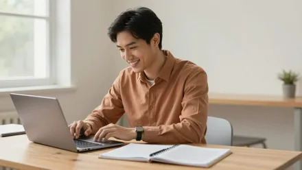Un professionnel de la formation crée des supports sur un ordinateur portable dans un bureau lumineux