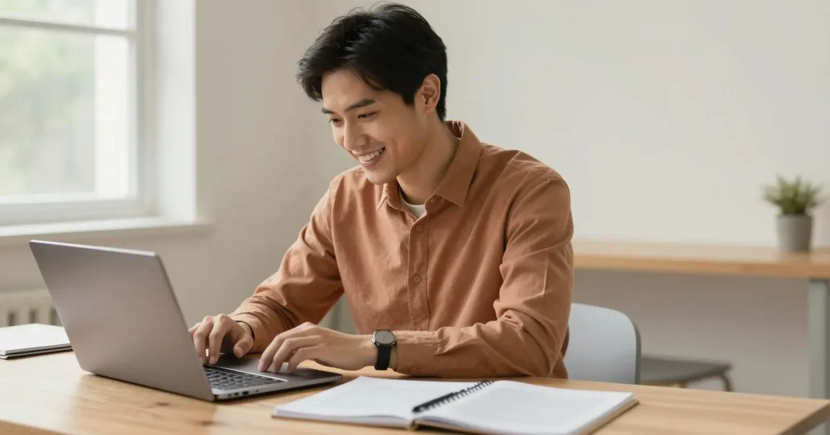 Un professionnel de la formation crée des supports sur un ordinateur portable dans un bureau lumineux