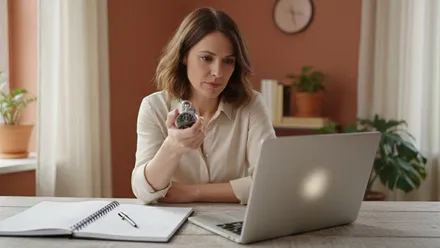 Femme à son bureau, chronomètre en main devant son ordinateur portable ouvert