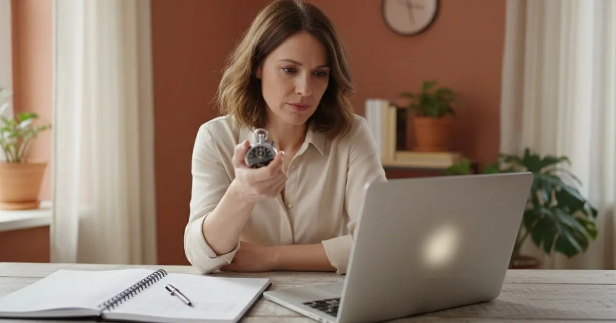 Femme à son bureau, chronomètre en main devant son ordinateur portable ouvert