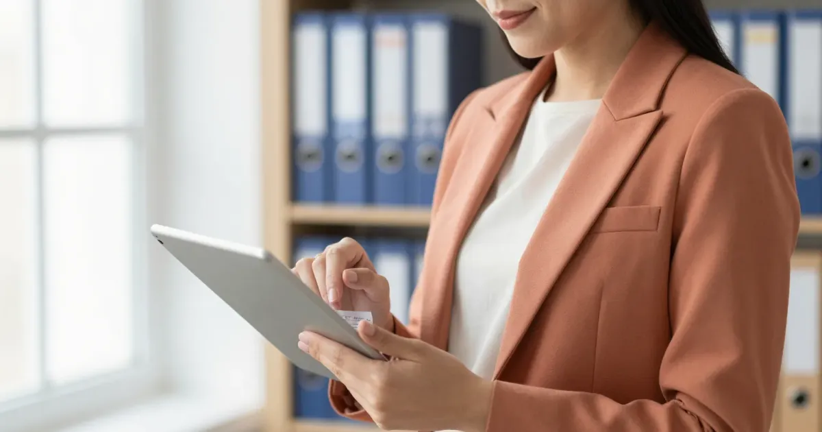 Responsable qualité d'un organisme de formation passant en revue une grille d'indicateurs Qualiopi sur une tablette