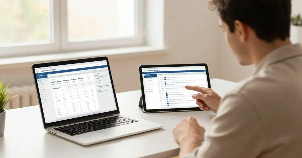 Responsable d'organisme de formation comparant des tableaux de bord logiciels sur un ordinateur portable et une tablette