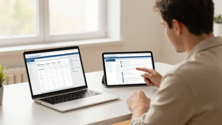 Responsable d'organisme de formation comparant des tableaux de bord logiciels sur un ordinateur portable et une tablette