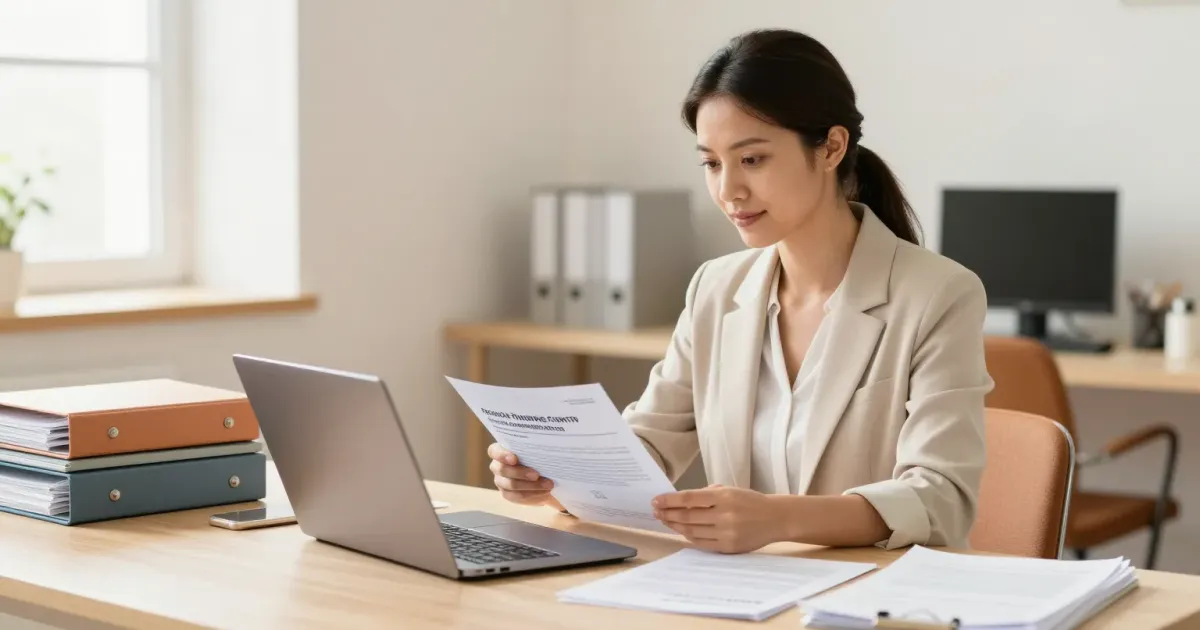 Une responsable d'organisme de formation prépare son dossier de certification Qualiopi sur un ordinateur portable dans un bureau lumineux