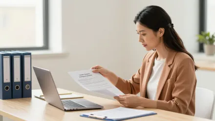 Une responsable d'organisme de formation prépare son dossier Qualiopi sur ordinateur dans un bureau lumineux