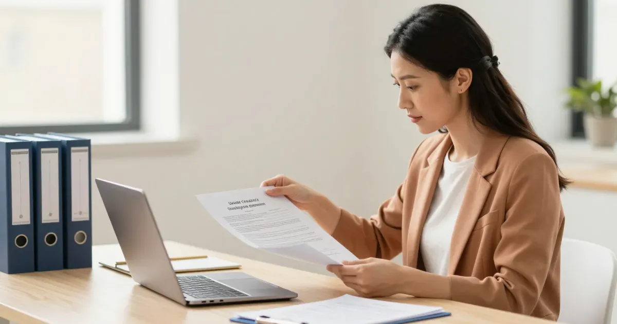 Une responsable d'organisme de formation prépare son dossier Qualiopi sur ordinateur dans un bureau lumineux