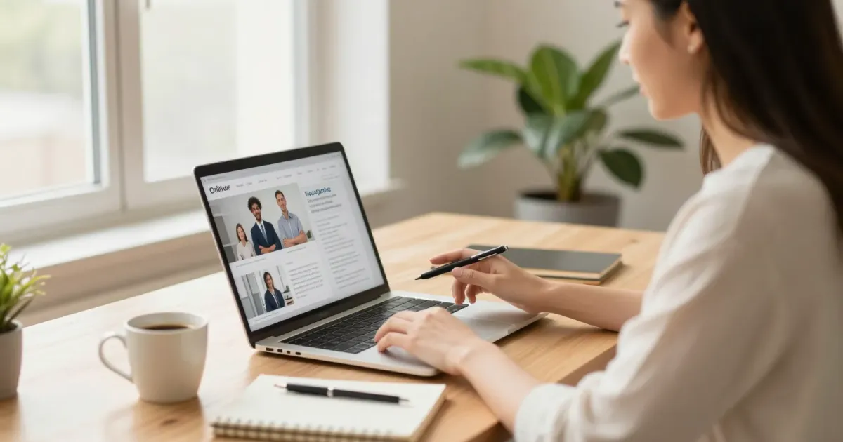 Une professionnelle prépare une campagne de publicité en ligne sur un ordinateur portable, dans un bureau chaleureux