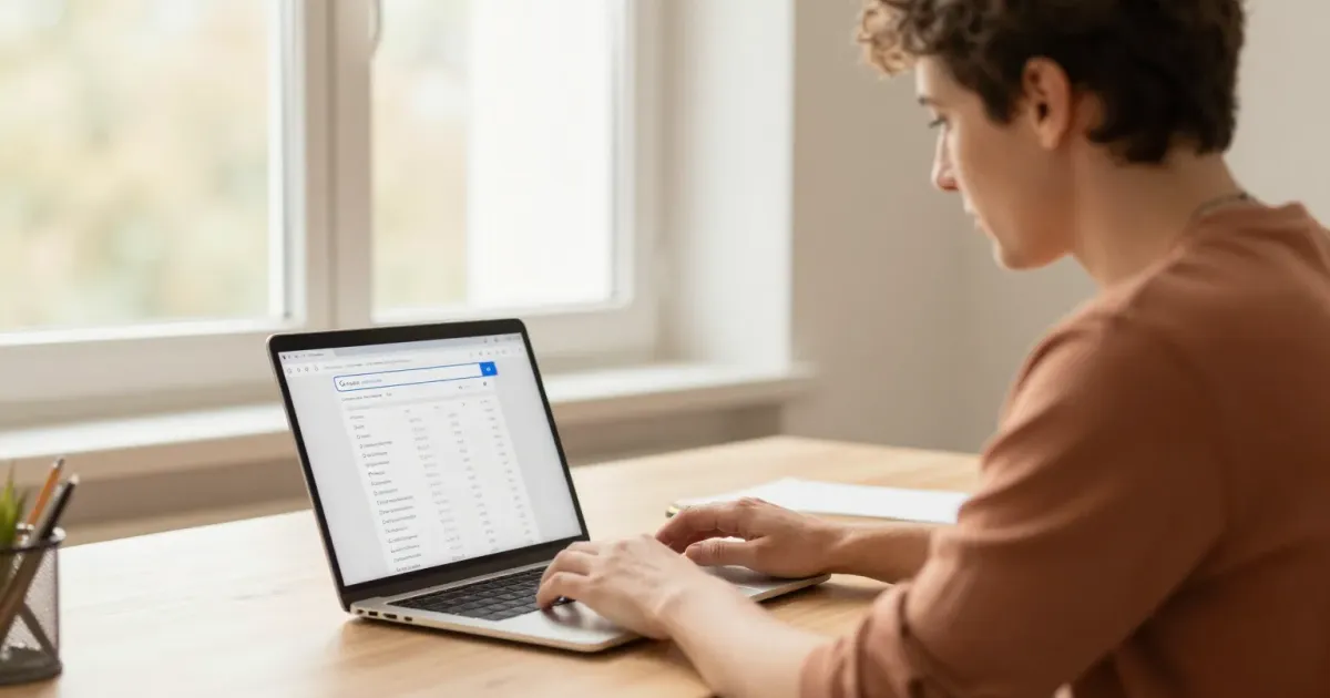 Un professionnel d'un organisme de formation analyse son référencement Google sur un ordinateur portable dans un bureau lumineux