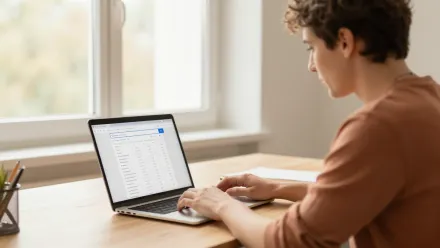 Responsable d'organisme de formation analysant son référencement Google sur un ordinateur portable dans un bureau lumineux